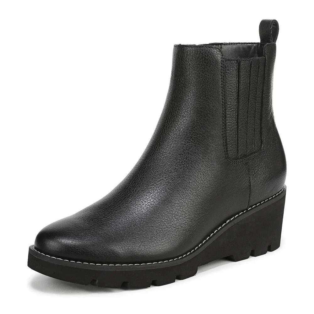 Vionic Aria 2.0 Womens Black Leather Wedge Ankle Boots Orthotic Support Size 6